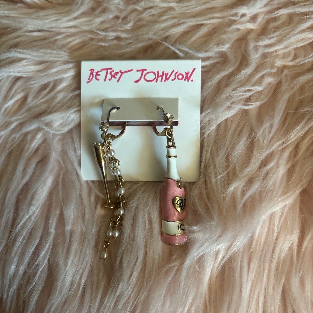 Betsey Johnson Pink and White Champagne Bottle Drop Earrings with Gold Accents